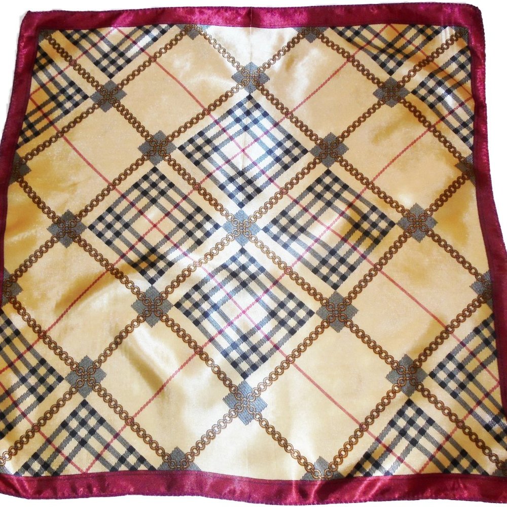 Scarf 19" Square Satin tan color classic plaid print